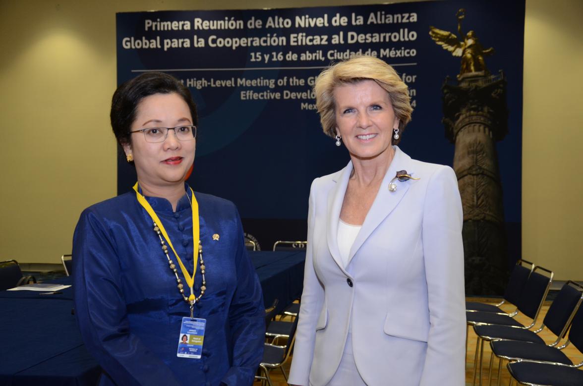 The Minister for Foreign Affairs of Australia, The Hon Julie Bishop MP and the Minister for National Development Planning of Indonesia, Dr Armida Alisjahbana, during a bilateral meeting in the margins of the First High-Level Meeting of the Global Partners