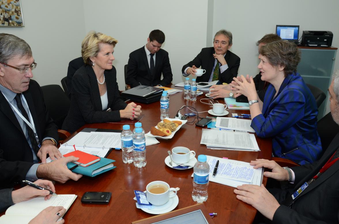 The Minister for Foreign Affairs of Australia, The Hon Julie Bishop MP and the Administrator of the United Nations Development Program, Helen Clarke, during a bilateral meeting in the margins of the First High-Level Meeting of the Global Partnership for D