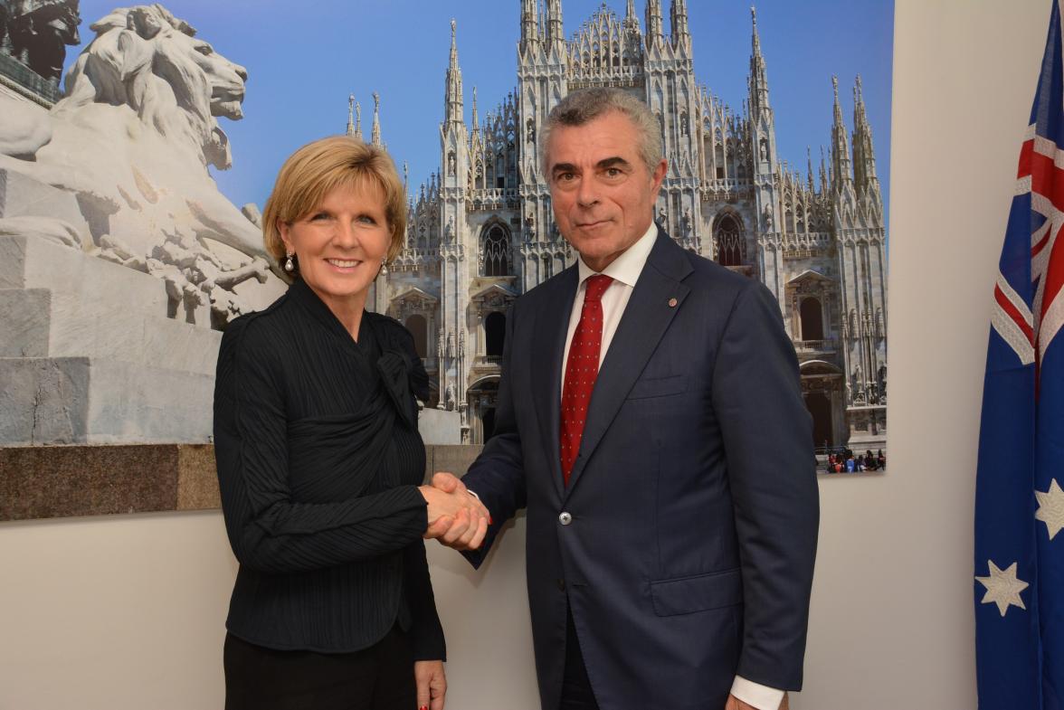 Foreign Minister Julie Bishop meets Mauro Moretti, CEO of the Italian company Finmeccanica, during her visit to Milan to attend the Asia Europe Meeting (ASEM).