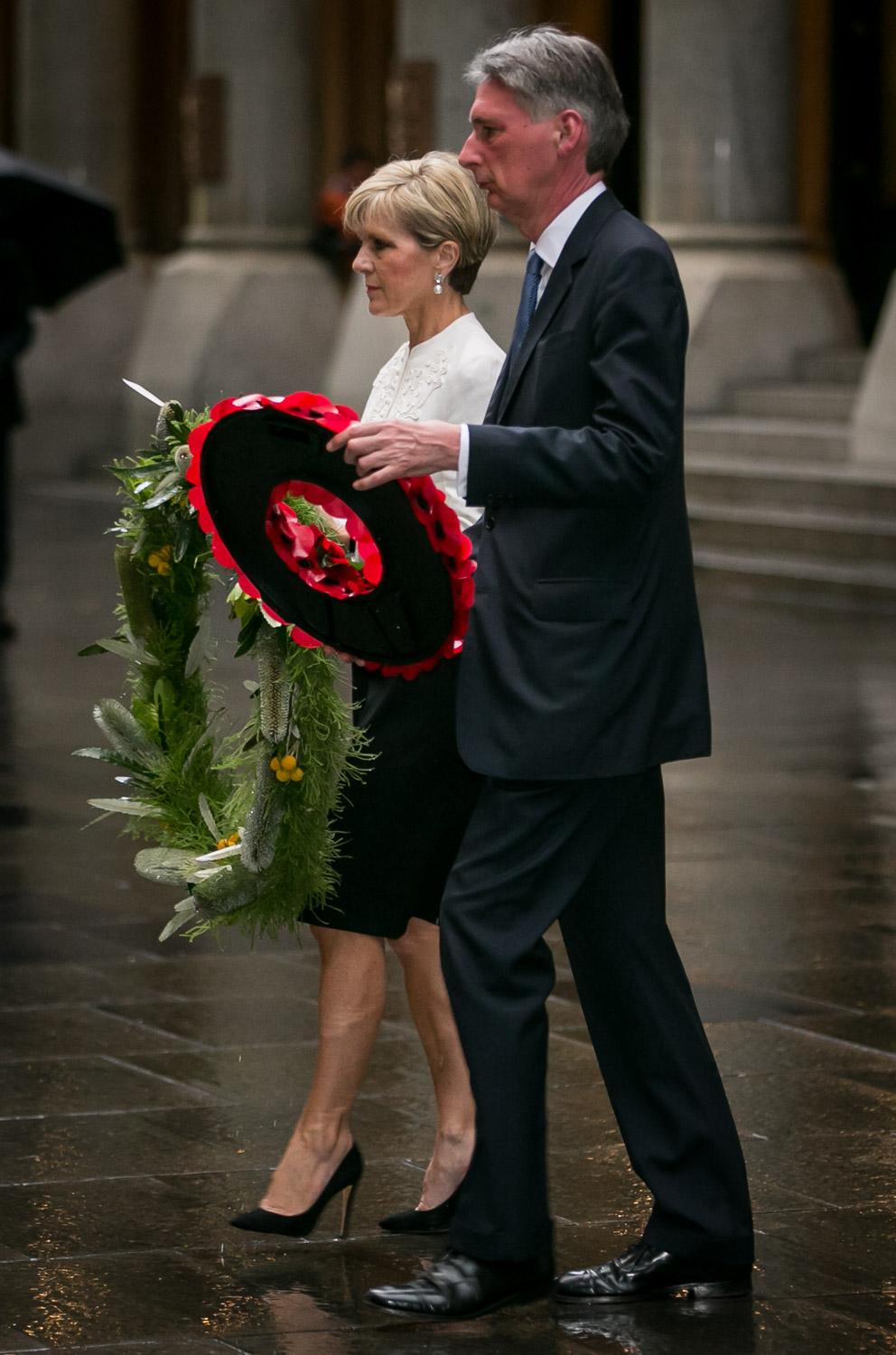 Foreign Minister Julie Bishop and UK Foreign Secretary Philip Hammond lay a wreath at the Cenotaph, Martin Place, Sydney. 2 February 2015.