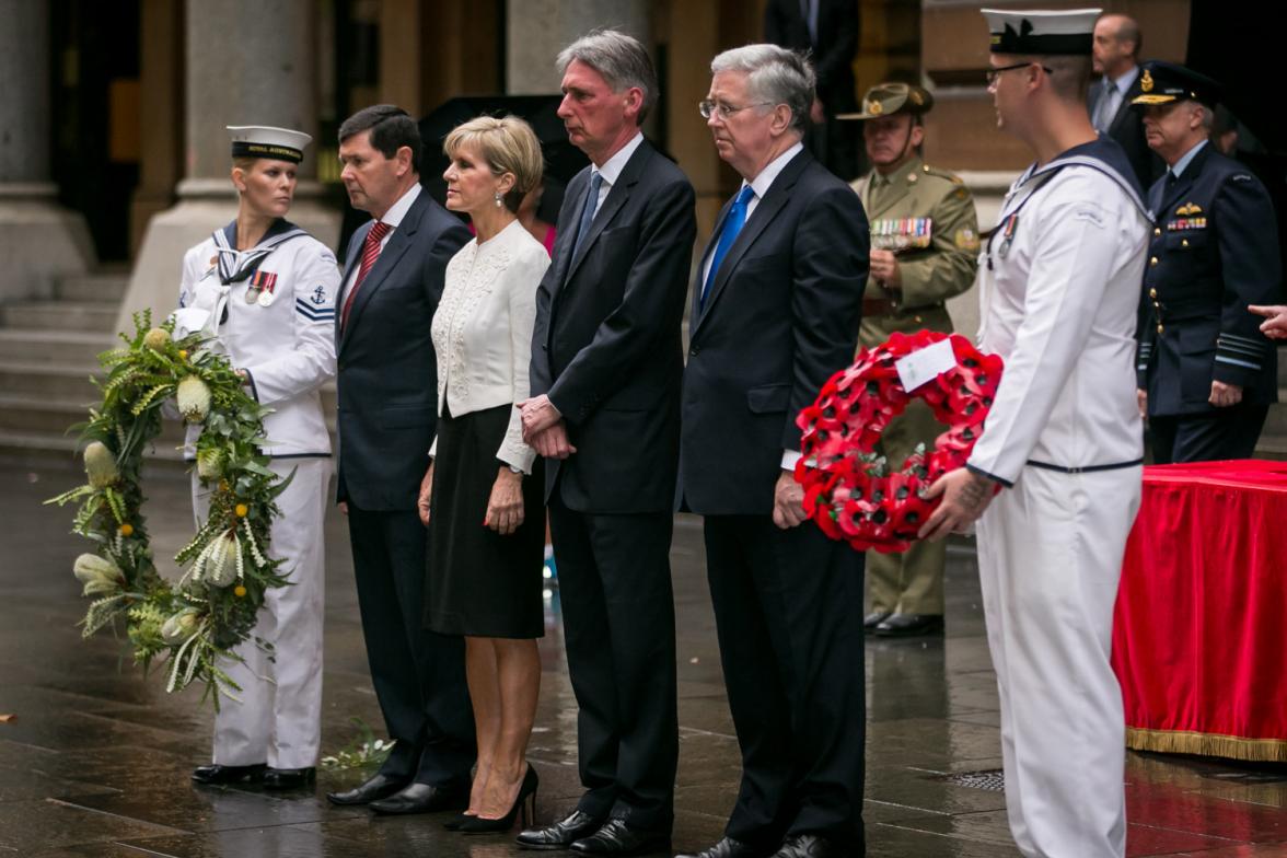 Defence Minister Kevin Andrews, Foreign Minister Julie Bishop, Foreign Secretary Philip Hammond and Defence Secretary Michael Fallon at a ceremony at the Cenotaph in Sydney. 2 February 2015.