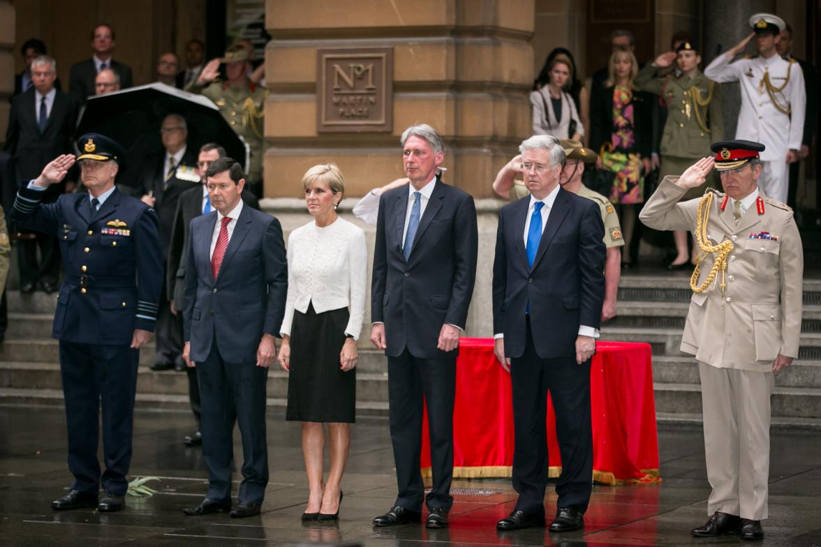 Defence Minister Kevin Andrews, Foreign Minister Julie Bishop, Foreign Secretary Philip Hammond and Defence Secretary Michael Fallon at a ceremony at the Cenotaph in Sydney. 2 February 2015.