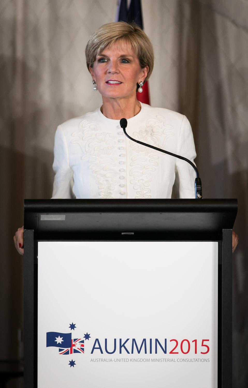 Foreign Minister Julie Bishop addresses media at AUKMIN press conference. 2 February 2015. 