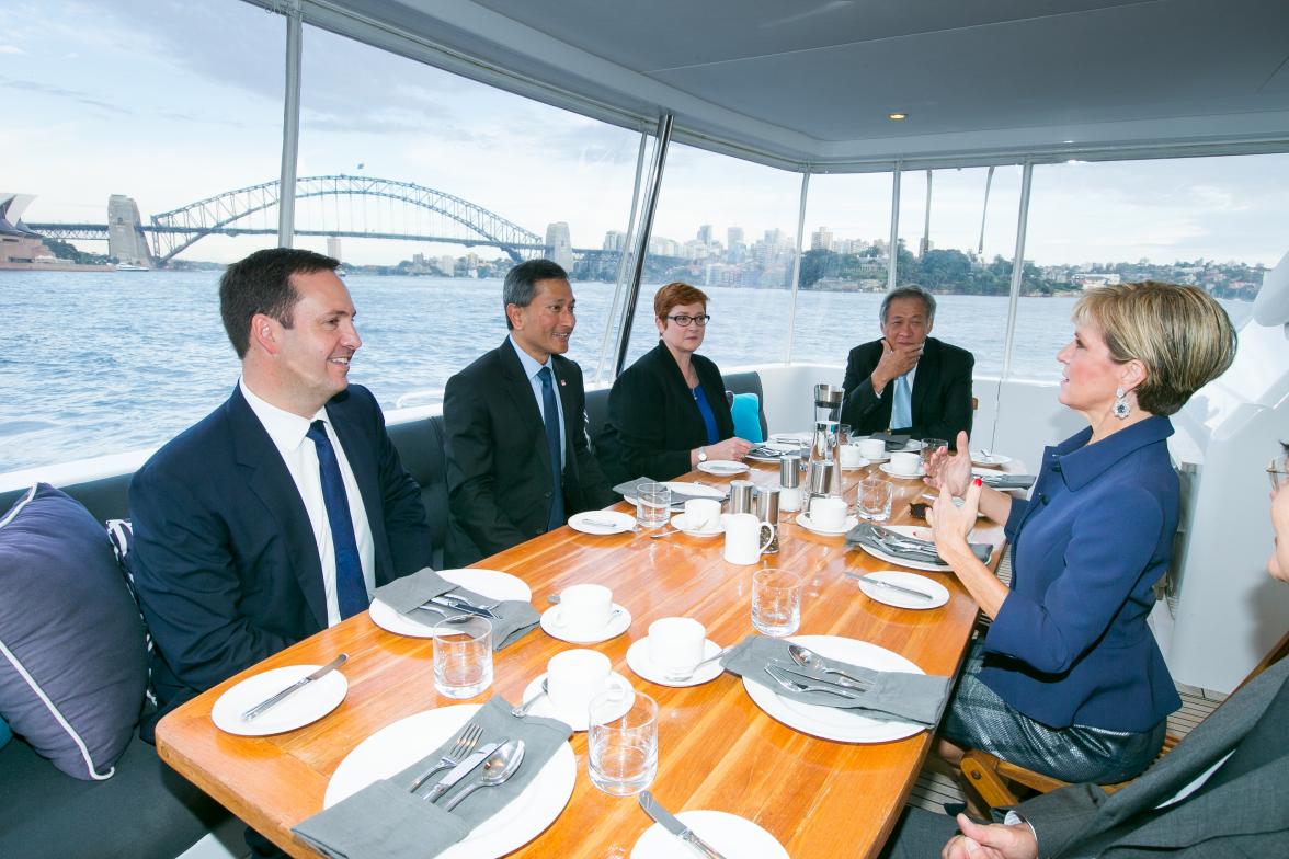 Australian Ministers for Foreign Affairs, Defence and Trade host a working breakfast on Sydney Harbour for their Singaporean Ministerial counterparts, 18 March 2016.