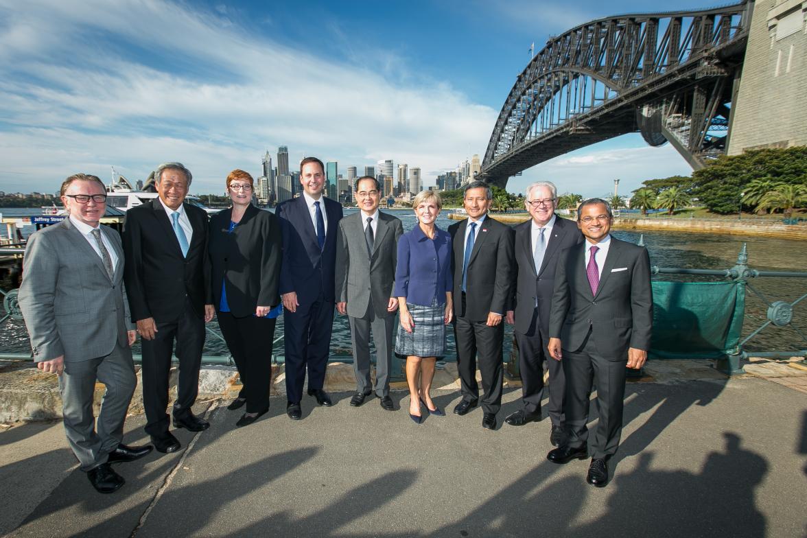 Australian and Singaporean Ministers and High Commissioners at Sydney Harbour, 18 March 2016.