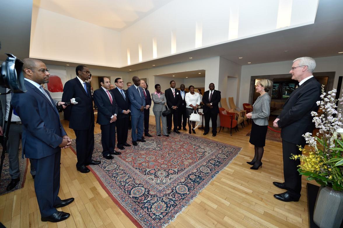 Foreign Minister Julie Bishop meets with Non-resident Accredited Ambassadors at morning tea, hosted by Ambassador Bruce Miller at his residence.