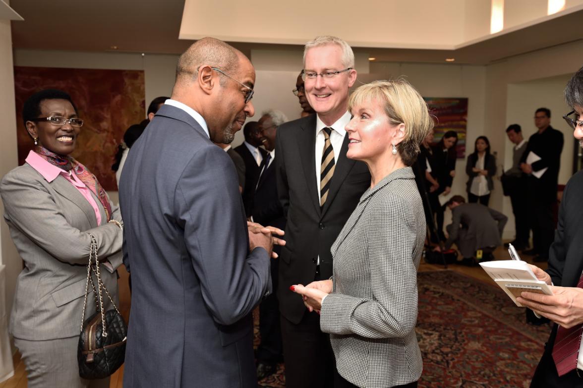 Foreign Minister Julie Bishop meets Jamaican Ambassador, Mr Ricardo Allicock, with Ambassador Bruce Miller at his residence.