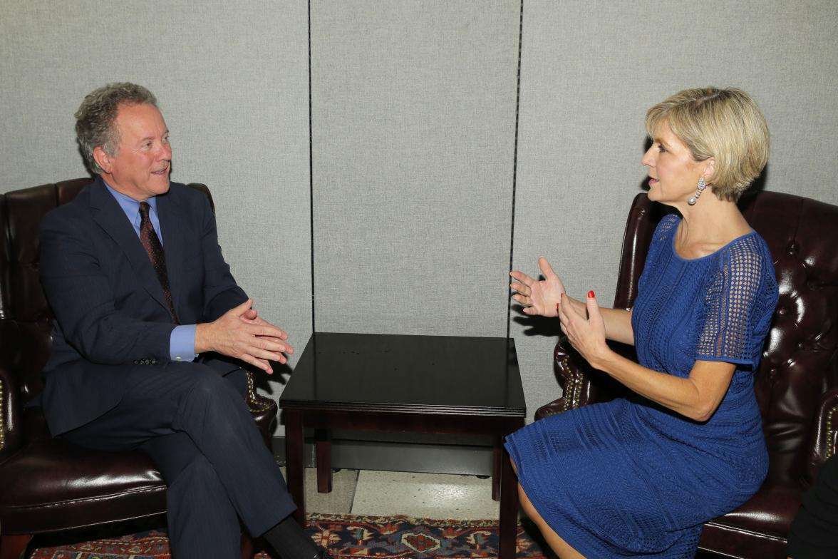 Foreign Minister Julie Bishop meets with the Executive Director of the World Food Programme, David Beasley, at the United Nations in New York on 20 September 2017.