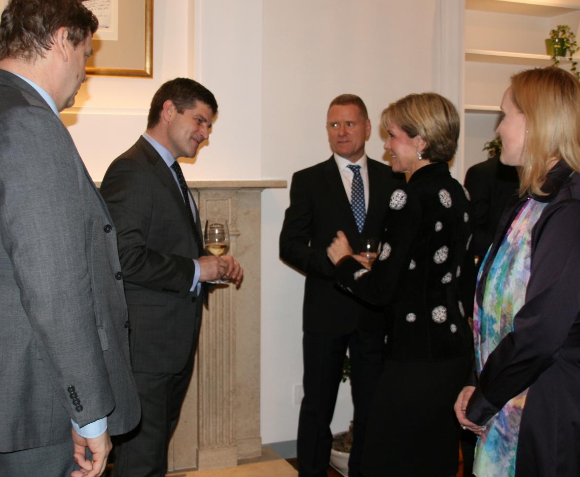 Minister for Foreign Affairs, the Hon. Julie Bishop MP, meets Steve Wood, Development Director, Westfield at a Business reception at the Australian Ambassador’s Residence in Rome, 2 February 2016. Also pictured: Shayne Bannan, General Manager, Orica Green