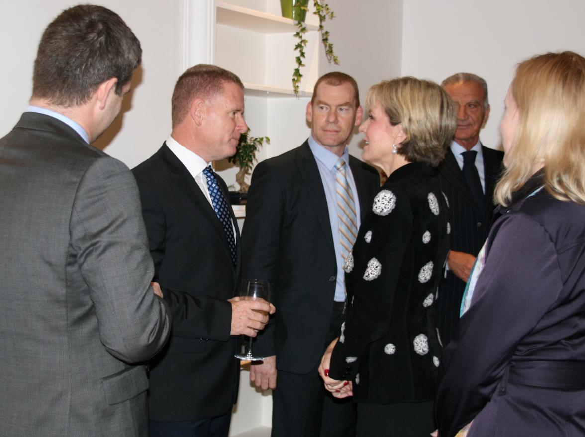 Minister for Foreign Affairs, the Hon. Julie Bishop MP, meets Shayne Bannan, General Manager, Orica GreenEdge at a Business reception at the Australian Ambassador’s Residence in Rome, 2 February 2016. Also pictured: Steven Tingay, Director, Italian Radioa