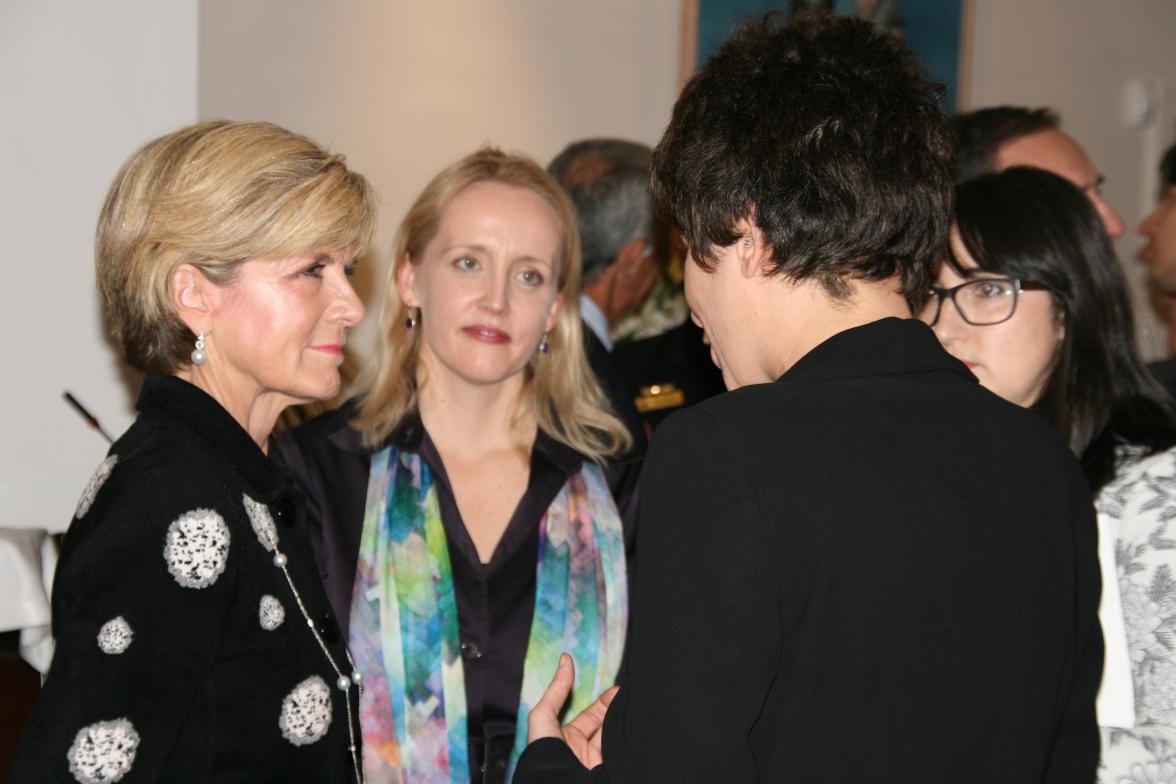 Minister for Foreign Affairs, the Hon. Julie Bishop MP, meets Valentina Nicolucci, Institutional Relations, CNH International, IVECO, at a Business reception at the Australian Ambassador’s Residence in Rome, 2 February 2016.