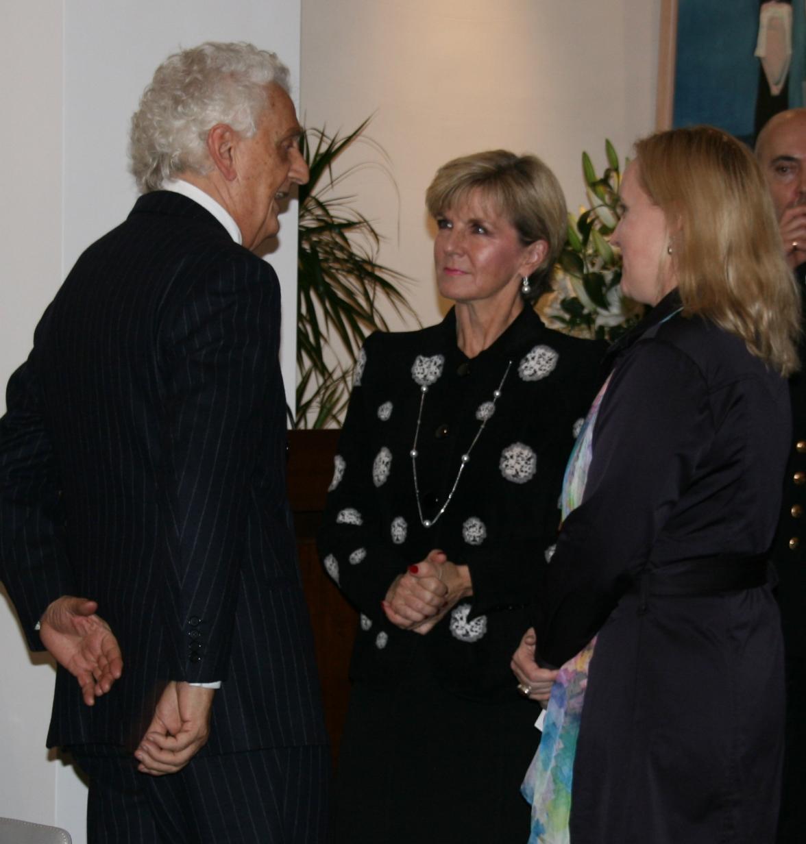 Minister for Foreign Affairs, the Hon. Julie Bishop MP, meets Fabrizio Servente, Global Advisor, AWI (Woolmark), with Jo Tarnawsky, Chargé d’Affaires, Australian Embassy Rome, at a Business reception at the Australian Ambassador’s Residence in Rome, 2 Feb