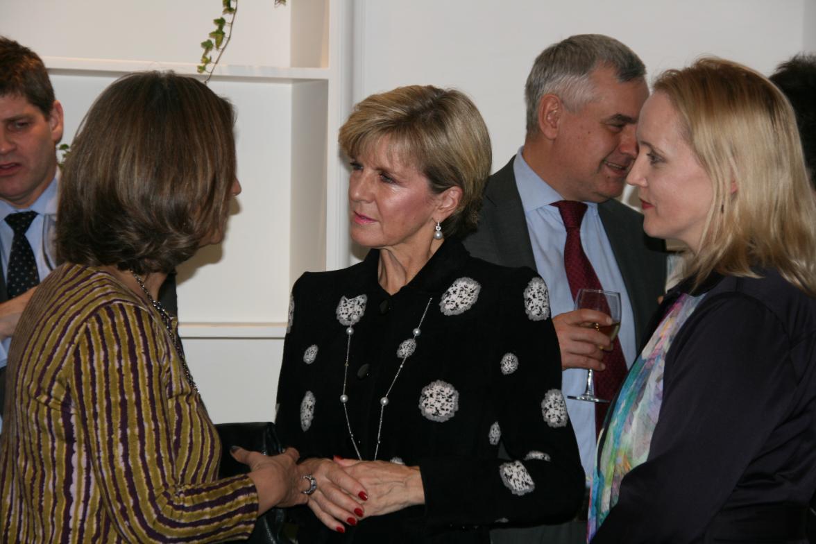 Minister for Foreign Affairs, the Hon. Julie Bishop MP, meets Vincenza Altieri, Associate, Delfino Legal Practice, with Jo Tarnawsky, Chargé d’Affaires, Australian Embassy Rome, at a Business reception at the Australian Ambassador’s Residence in Rome, 2 F