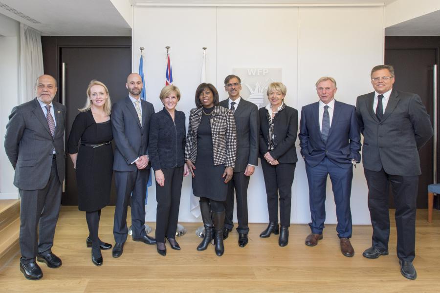 Minister for Foreign Affairs, the Hon. Julie Bishop MP, at the World Food Programme (WFP), Rome, 3 February 2016. Group photo (left to right): Ramiro Lopes da Silva, Assistant Executive Director, Operations, WFP; Jo Tarnawsky, Chargé d’Affaires, Australia