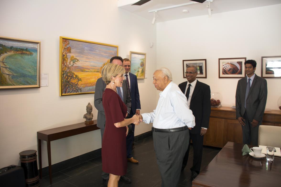 Foreign Minister Julie Bishop meeting with Sri Lankan Tamil National Alliance leader R Sampanthan in Colombo on 20 July 2017.