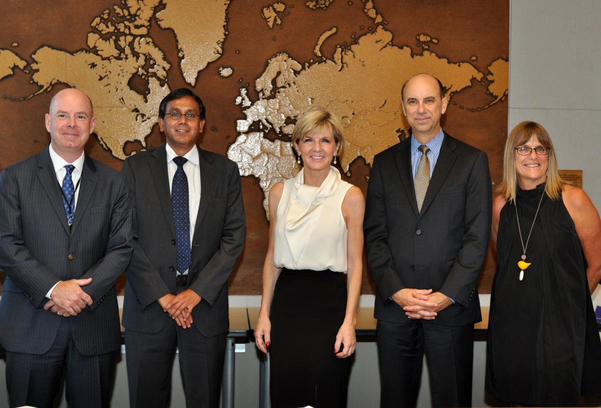 Foreign Minister Julie Bishop with Karen Lanyon, Australia’s Consul-General in Los Angeles meet with RAND Corporation Executives: (l-r) Ted Harshberger, VP and Director, RAND Project AIR FORCE; Krishna Kumar, Director, RAND Labor and Population and Alan