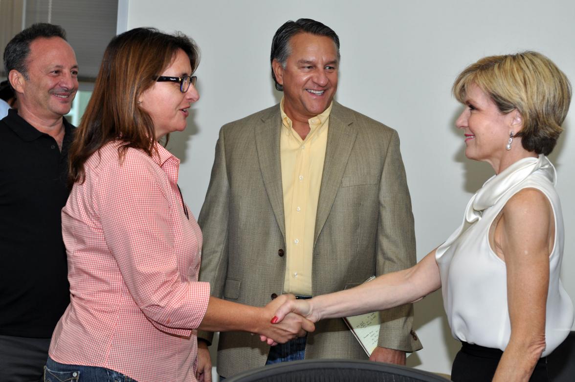 Foreign Minister Julie Bishop meets with Marvel Studio executives in Burbank California: (l-r) Louis D’Esposito, Executive Producer and Co-President; Ms Chris McComb, Vice President Production Finance and David Grant, Vice President Physical Production.