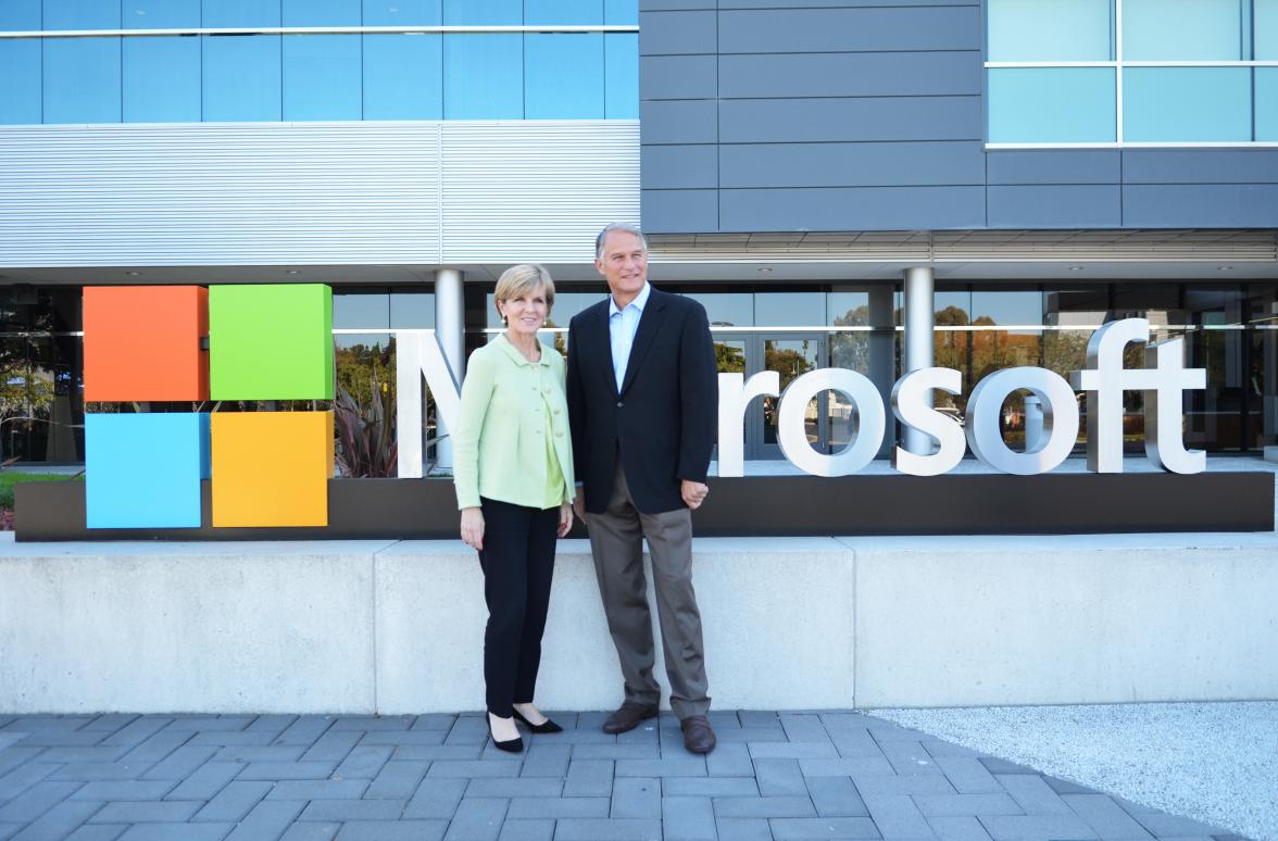 Foreign Minister Julie Bishop meets with Dan’l Lewin, Corporate Vice President, Technology and Civic Engagement, Microsoft Corporation in Palo Alto, California on 10 October 2015.