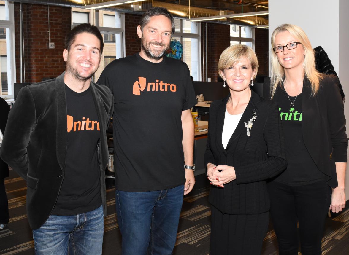 Foreign Minister Julie Bishop meets with Nitro staff (l-r) Sam Chandler, CEO and Founder, Rich Wenzel, Executive Director and Gina O’Reilly, COO at Nitro Headquarters in San Francisco on 9 October 2015.