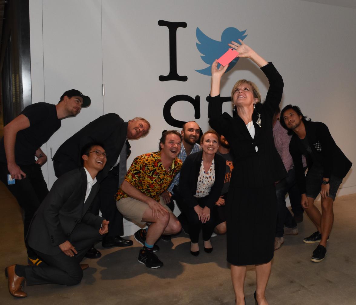 Foreign Minister Julie Bishop snaps a selfie with Australia’s Ambassador to the USA, Kim Beazley and Twitter staff at Twitter Headquarters in San Francisco on 9 October 2015.