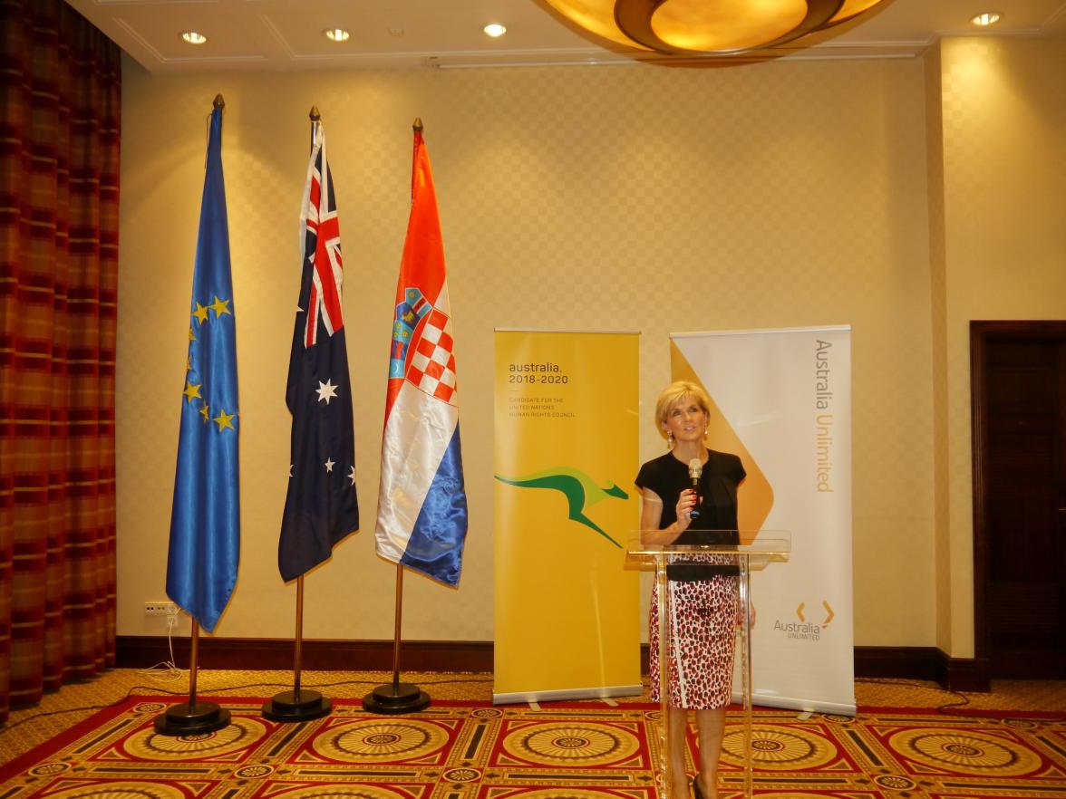 Foreign Minister Julie Bishop giving an address at the Alumni Reception in Zagreb to which 70 guests attended, including Croatia’s Minister for Labour and Pension Systems, the Chancellor of Zagreb University, other distinguished guests and alumni. Zagreb,