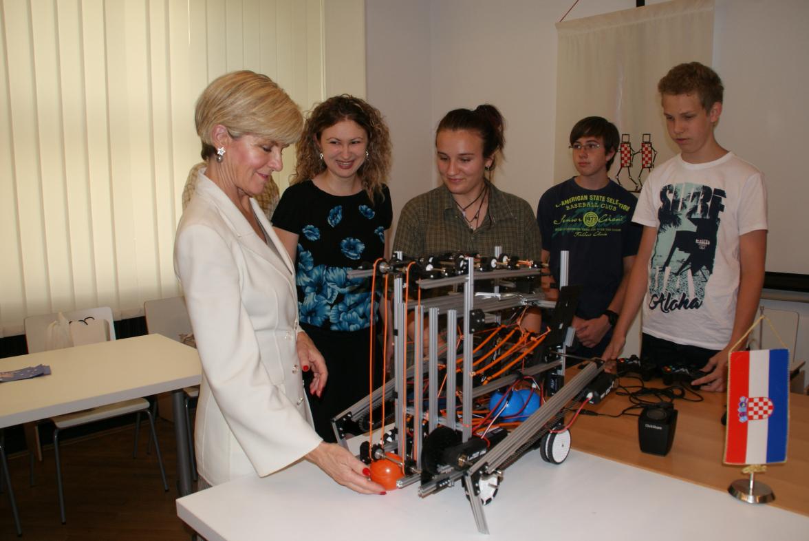 Foreign Minister Bishop with President of the Croatian Robotics Association Dr Ana Sovic Krzic and junior members of the robotics Association, presenting their robot project at the WiSTEM (Women in STEM) event. Zagreb, 10 July 2017.