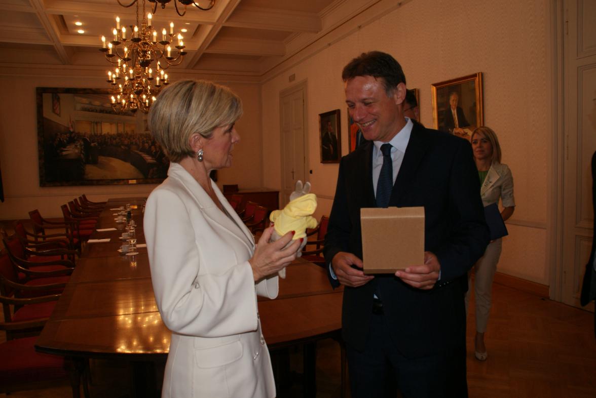 Foreign Minister Julie Bishop and Speaker of the Croatian Parliament HE Gordan Jandrokovic upon completion of bilateral talks in Zagreb, 10 July 2017.