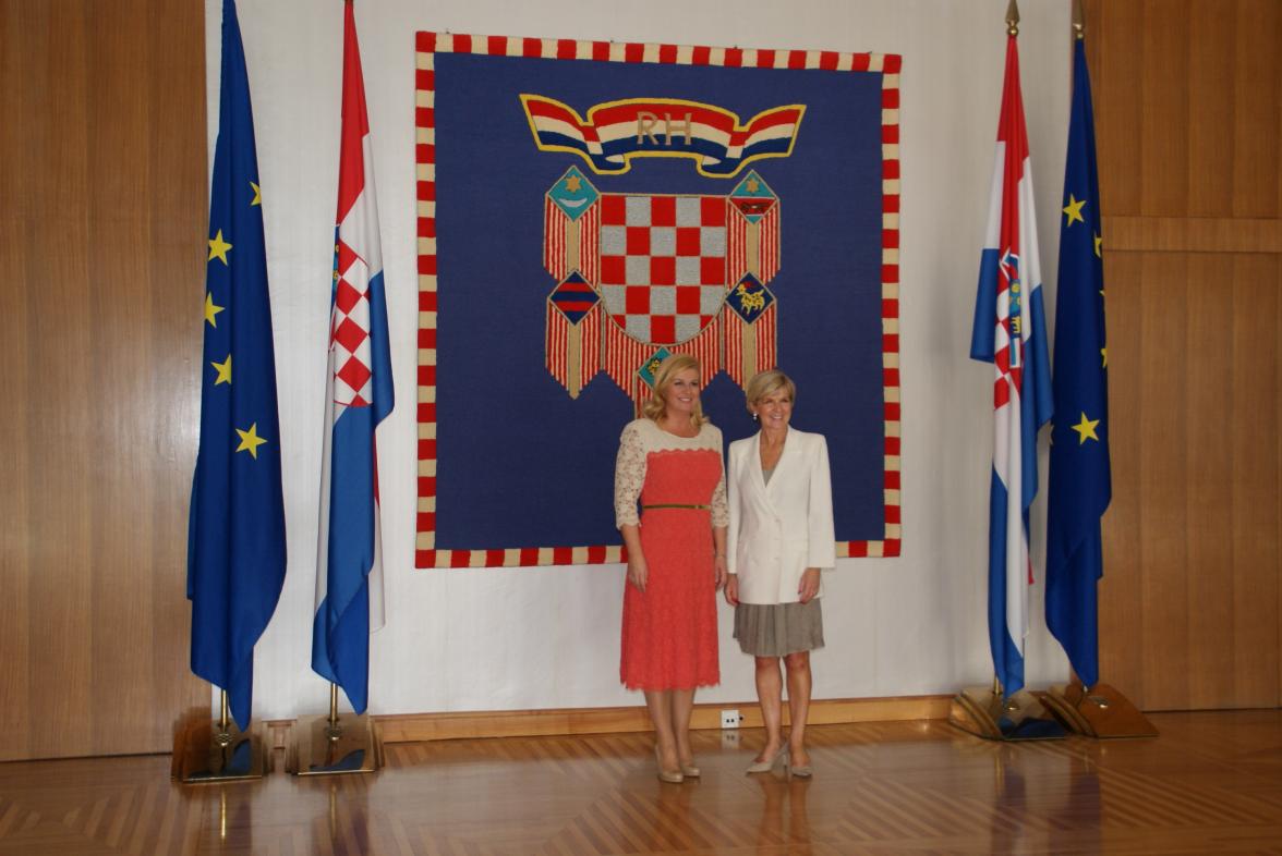 Foreign Minister Julie Bishop and the President of the Republic of Croatia, HE Kolinda Grabar-Kitarovic at the Presidential palace prior to the official meeting, Zagreb, 10 July 2017.