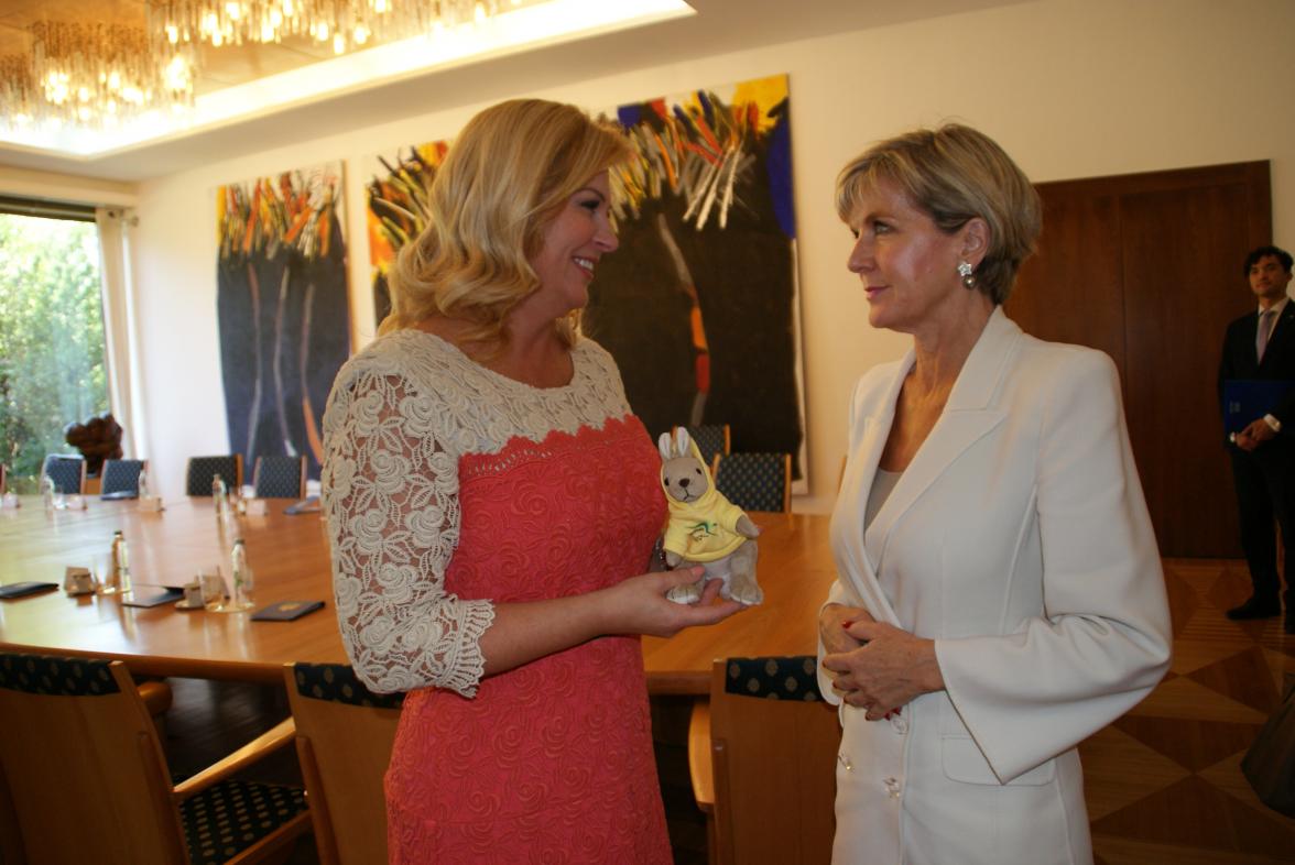 Foreign Minister Julie Bishop and the President of the Republic of Croatia, HE Kolinda Grabar-Kitarovic at the Presidential palace following the bilateral meeting, Zagreb, 10 July 2017.