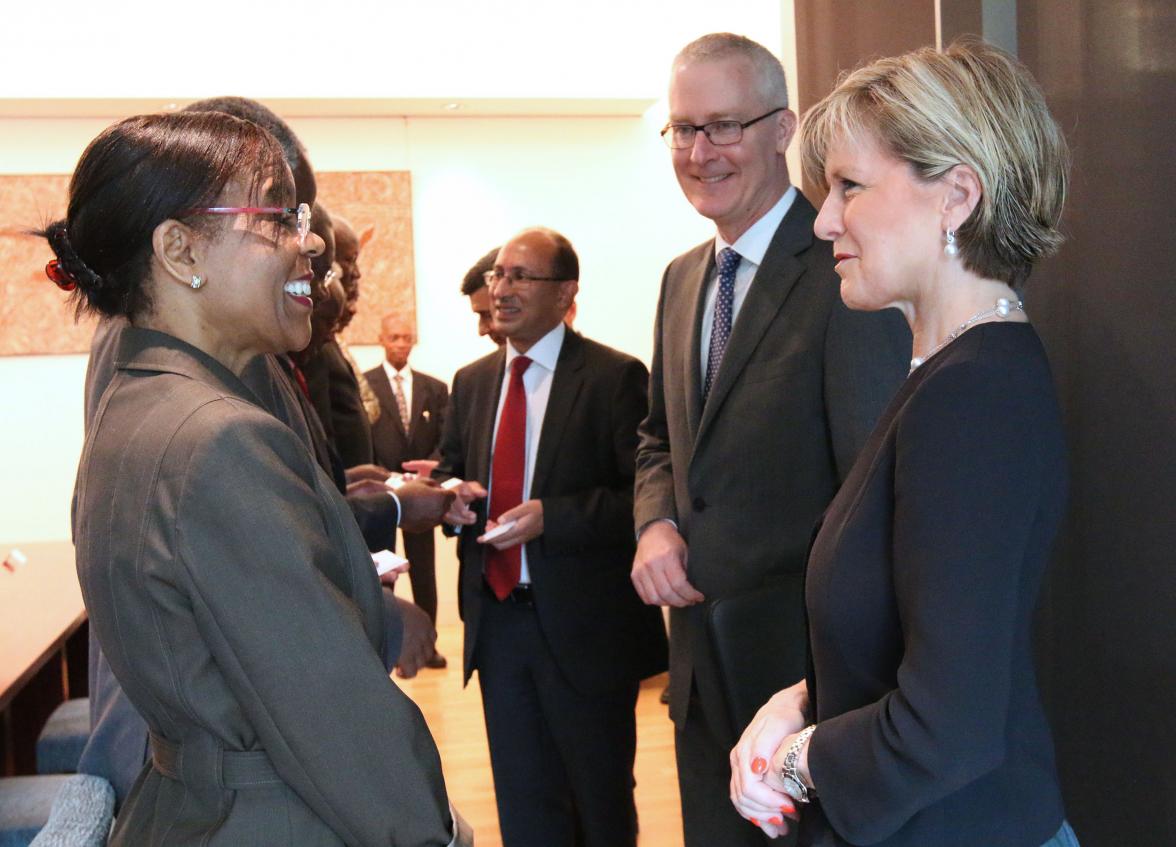 Foreign Minister Julie Bishop speaking to Ms Rosemary Kanyuka, Deputy Head of Mission of the High Commission of the Republic of Malawi during her visit to Tokyo.