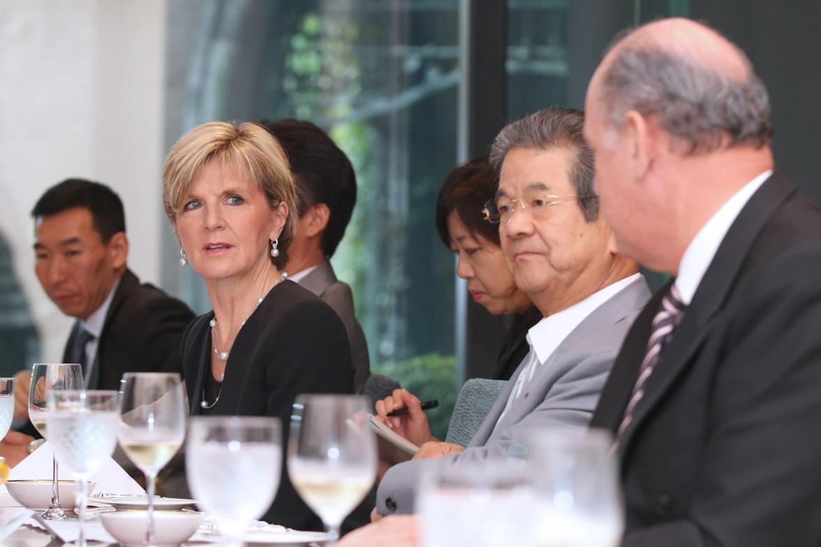 The Hon Julie Bishop MP, The Minster for Foreign Affairs discussing defence and security issues with Japanese politicians, including Mr Toshimi Kitazawa (DPJ Upper House Member).