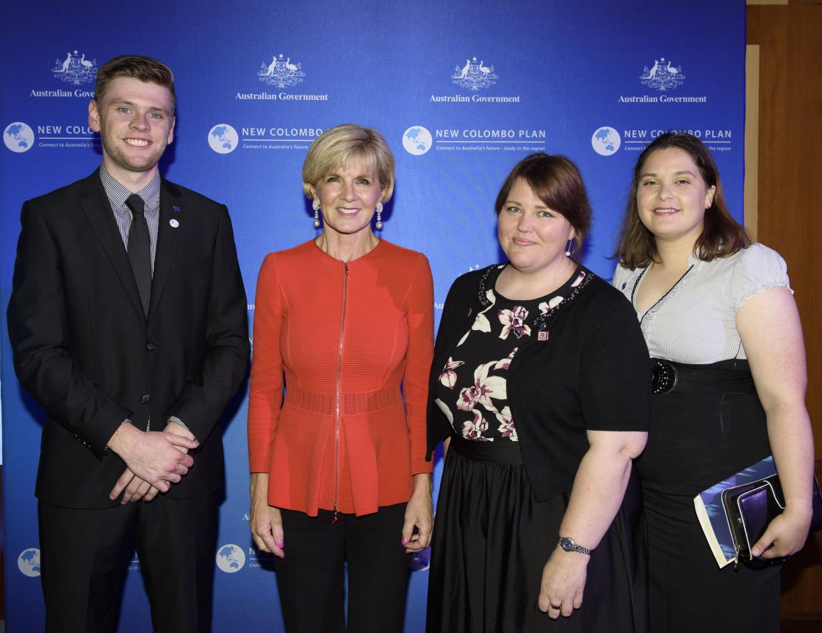 Foreign Minister Julie Bishop with scholar Christopher Hamms, New Colombo Plan Alumni Ambassador Cate Elliot and an unnamed representative, Federation University