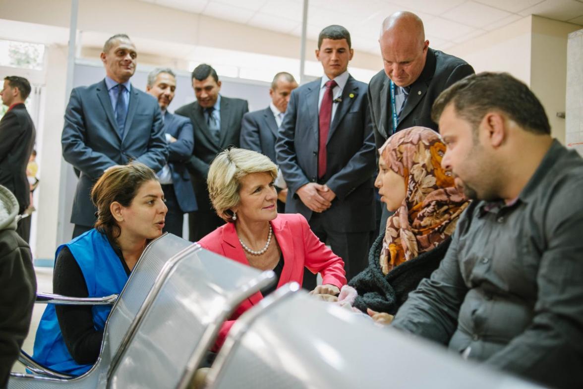 Foreign Minister Bishop Speaking with Syrian Refugee - UNHCR Registration Centre.