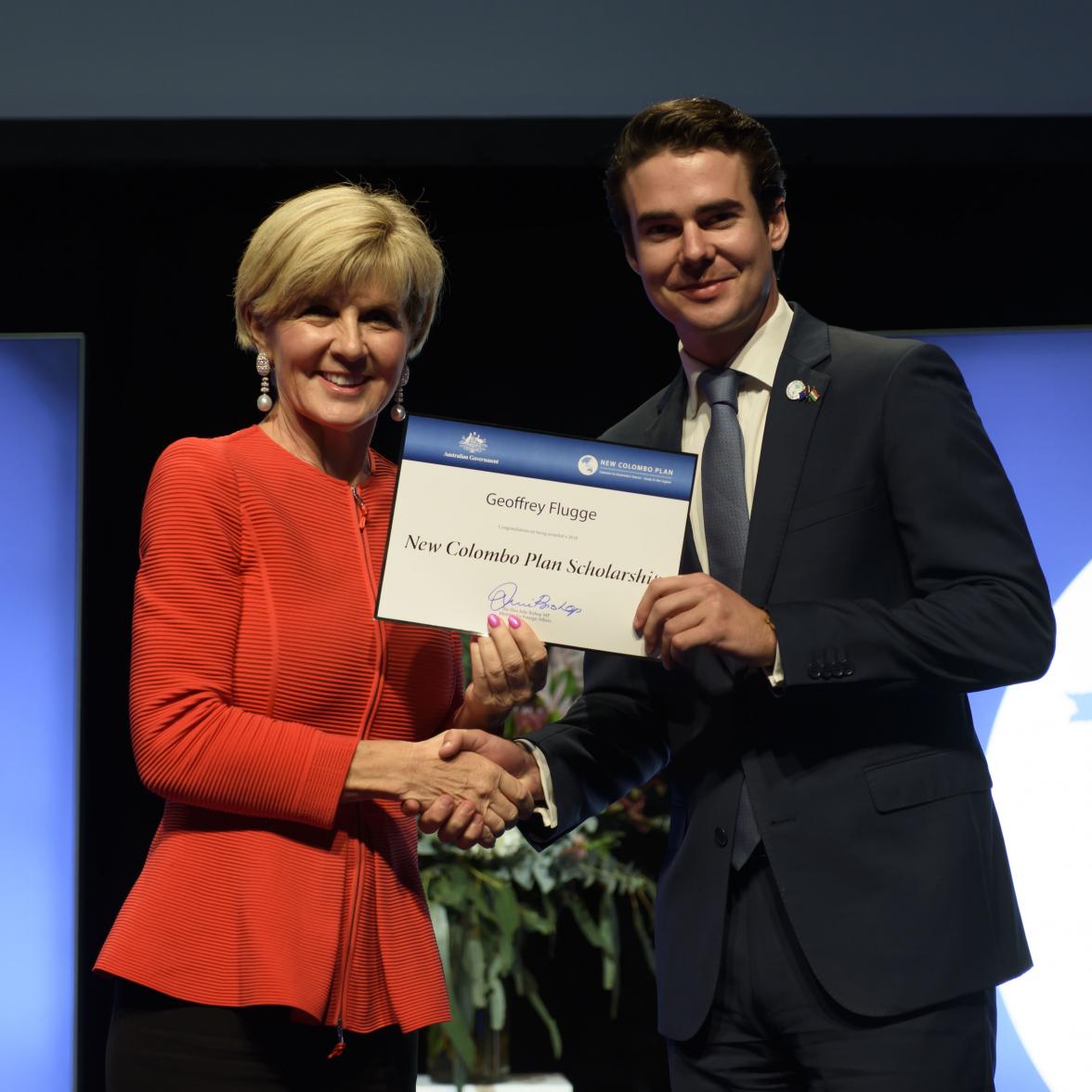 Foreign Minister Julie Bishop with Geoffrey Flugge, 2018 India Scholar, Australian National University