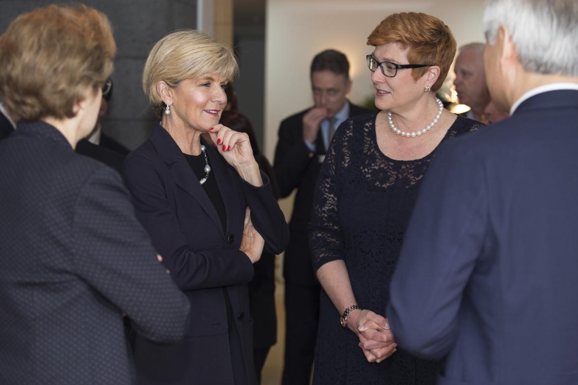 Foreign Minister, Julie Bishop and Defence Minister, Marise Payne, speaking with Son Gi Woong, President of Korea Institute for National Unification and Francis Adamson, Secretary of the Department of Foreign Affairs and Trade at the dinner with DPRK comm