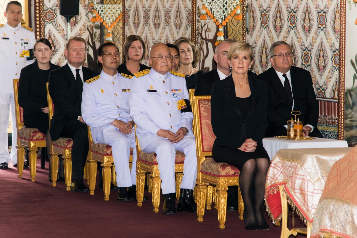 Foreign Minister Julie Bishop at the grand palace to lay a wreath to honour and pay respects to His Majesty King Bhumibol Adulyadej on behalf of the Australian people.