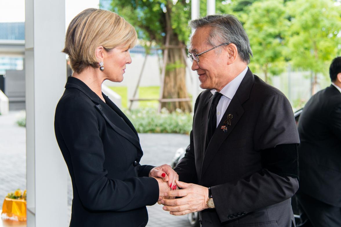 Foreign Minister Julie Bishop greets Thai Foreign Minister, His Excellency Mr Don Pramudwinai at new Australian Embassy Bangkok. Thailand, Bangkok, 3 August 2017.