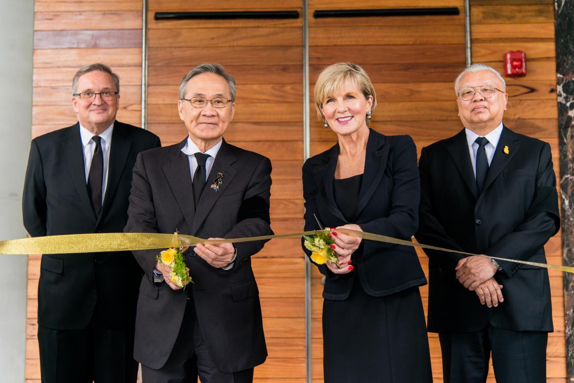 Foreign Minister Julie Bishop with Thai Foreign Minister, His Excellency Mr Don Pramudwinai cut the ribbon to open the new Australian Embassy building in Bangkok. Thailand, Bangkok, 3 August 2017.