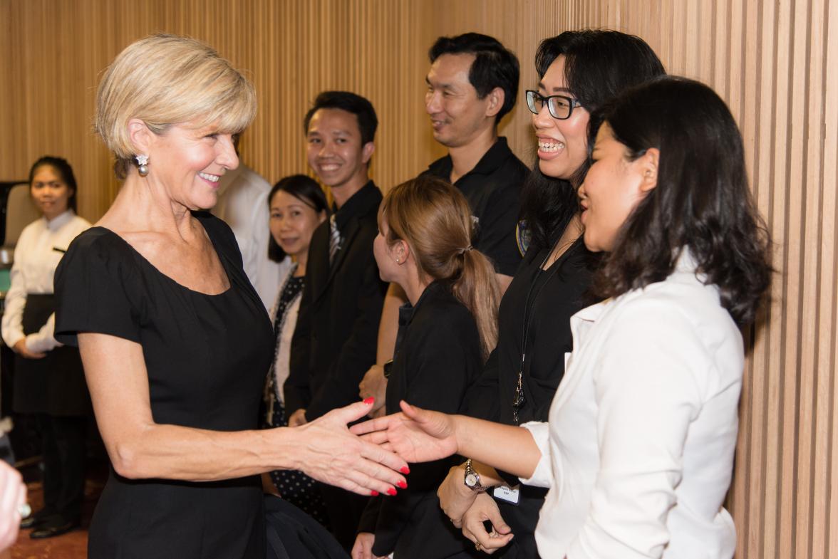 Foreign Minister Julie Bishop meets Australian Embassy staffs at the new Australian Embassy building in Bangkok. Thailand, Bangkok, 3 August 2017.