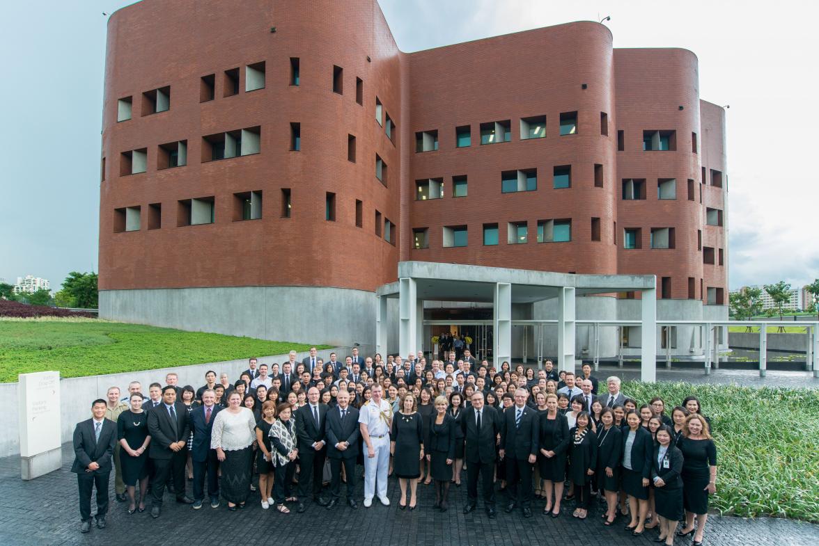 Foreign Minister Julie Bishop in an all staff photo outside the new Australian Embassy Bangkok Bangkok. Thailand, Bangkok, 3 August 2017.