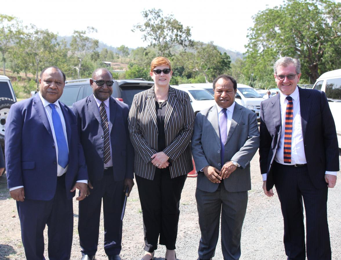 (L-R) Hon Rimbink Pato, Minister for Foreign Affairs, Tomait Kapili, Vice Minister for Public Enterprises and State Investment, Minister Payne, William Duma, Minister for State Enterprises and Australian High Commissioner Bruce Davis at the launch of equi