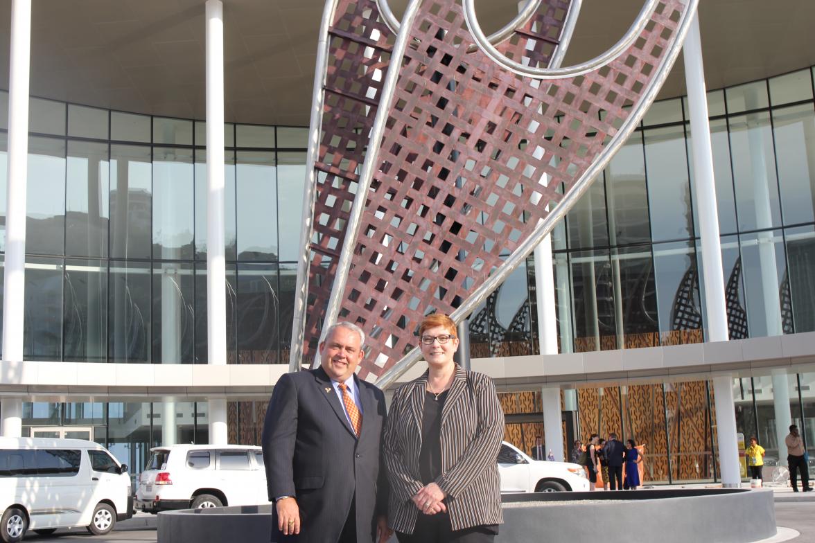 Minister Payne meets Minister Justin Tkatchenko, PNG Minister for Lands and APEC, on a tour of APEC Haus