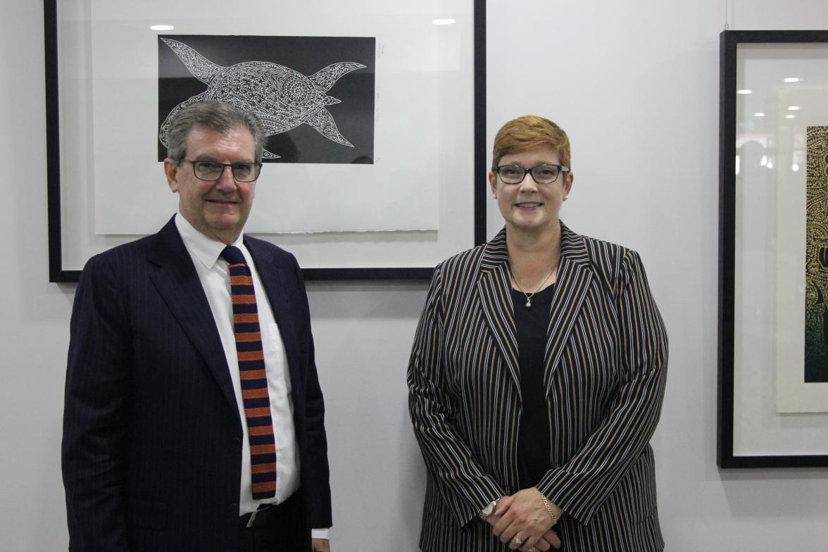 Foreign Minister Marise Payne and Australian High Commissioner Bruce Davis views four new Torres Strait Islander artwork at the Australian High Commission in Port Moresby.