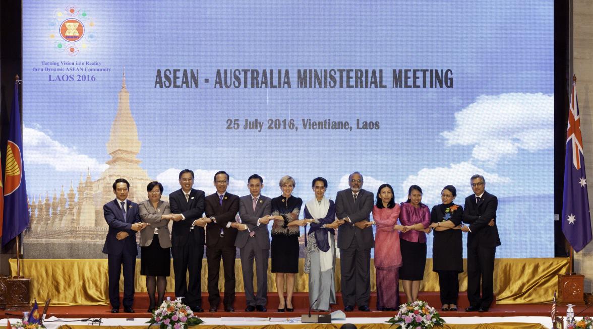 Australian Foreign Minister Julie Bishop with ASEAN counterparts during the ASEAN-Australia Ministerial Meeting in Vientiane, Laos. 25 July 2016. The meeting was co-chaired by Australia and Myanmar. Photo credit: DFAT/Bart Verweij