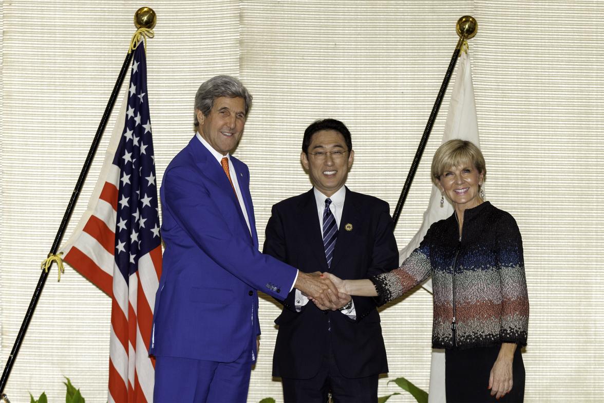 Australian Foreign Minister Julie Bishop meets US Secretary of State John Kerry and Japanese Minister of Foreign Affairs Fumio Kishida for the 6th Ministerial Meeting of the Trilateral Strategic Dialogue in Vientiane, Laos. 25 July 2016. Photo credit: DFA