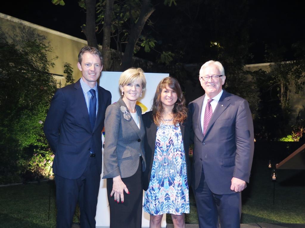 From left to right: Australian Ambassador to Peru, Nicholas McCaffrey; Minister Bishop; Peruvian world surfing champion, Sofia Mulanovich and Minister Robb. Bilateral Reception, Residence of the Australian Embassy. 9 December 2014.