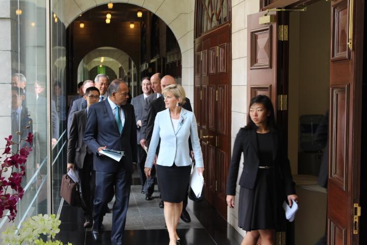 Foreign Minister, Julie Bishop with Singapore’s Minister for Foreign Affairs and Minister for Law, K Shanmugam ahead of the Singapore-Australia Joint Ministerial Committee meeting in Singapore. 22 August 2014.