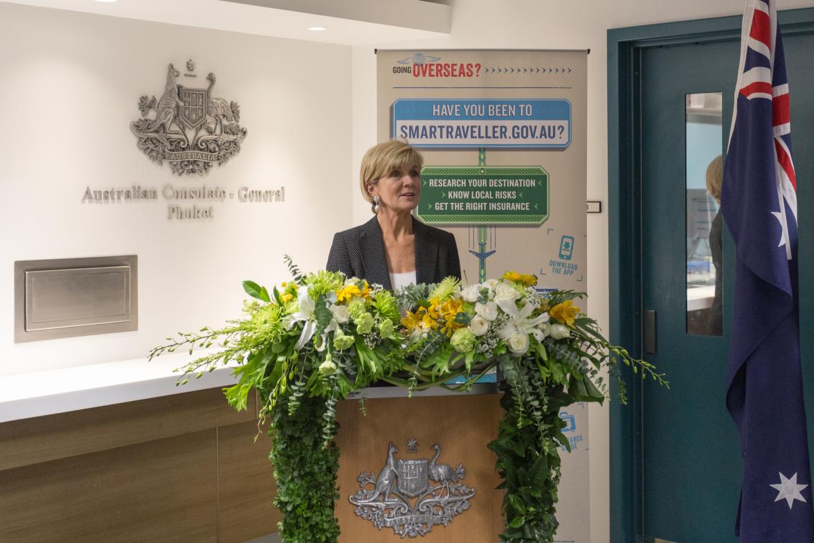 Foreign Minister Julie Bishop delivers remarks to formally open the Australian Consulate-General in Phuket. Thailand, Phuket, 4 August 2017.