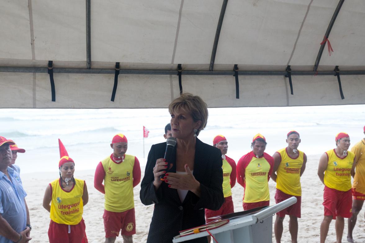 Foreign Minister Julie Bishop delivers remarks to announce the first Thai language lifesaving manual and teaching curriculum at Patong beach in Phuket. Thailand, Phuket, 4 August 2017.