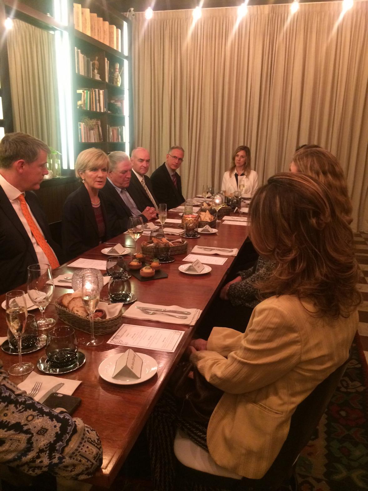 Foreign Minister Julie Bishop and Ambassador David Engel attend a dinner with members of the Australian-Panama business community, 28 June 2017.